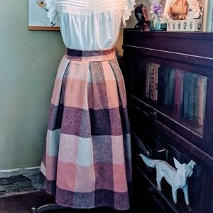 Pink and plum plaid polywool skirt